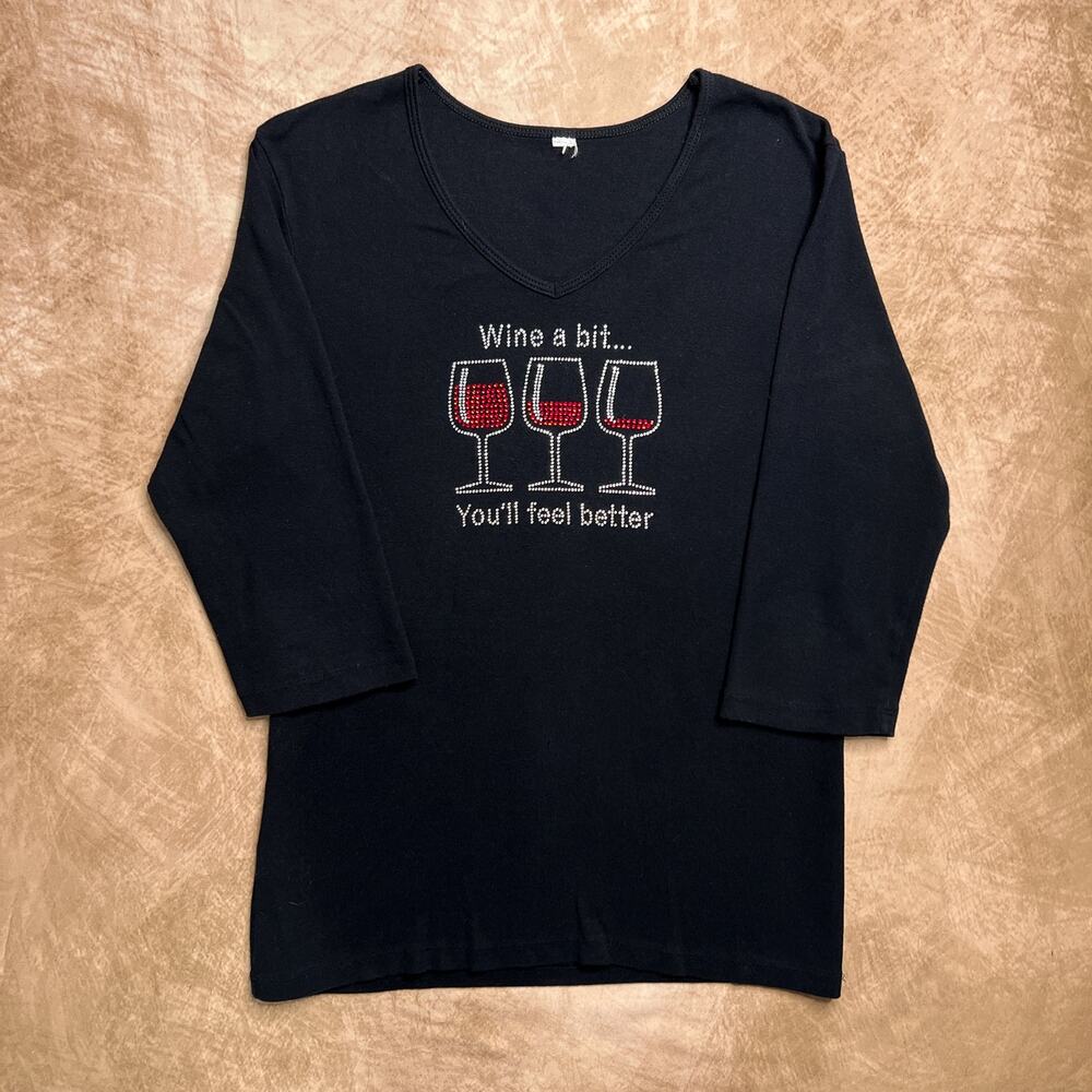 Wine A Bit You'll Feel Better 3/4 Sleeve Rhinestone T-Shirt Black McBling Indie